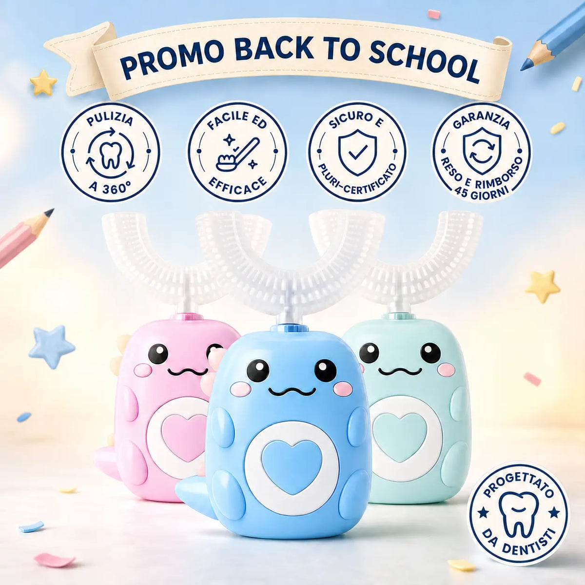 DinoBrush - Spazzolino elettrico a U per bambini 2-12 anni